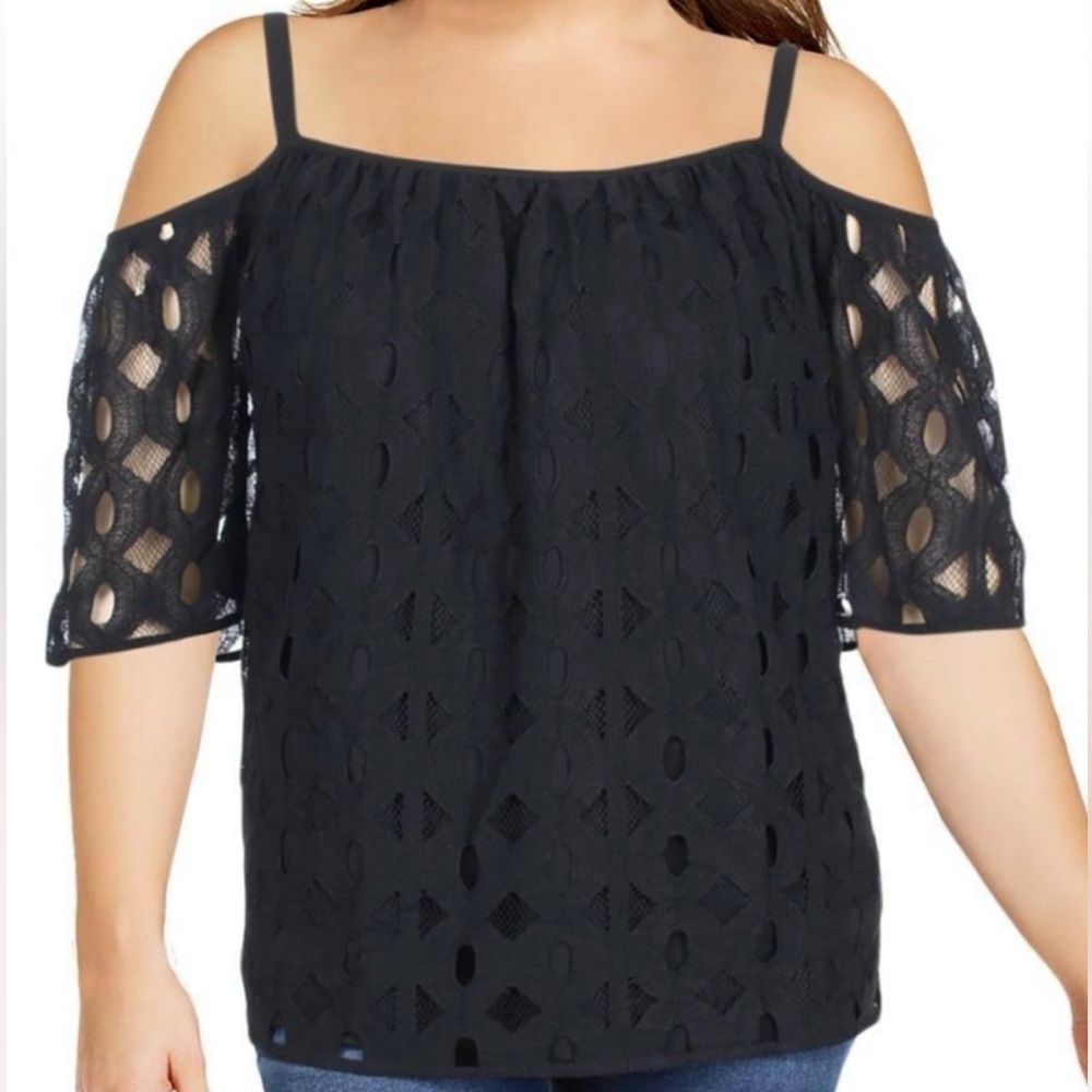 Vince Camuto Black Cable Lace/Eyelet Off Shoulder Top - 2X